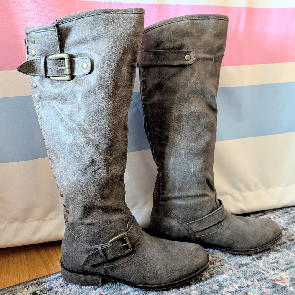 Madden Cactus Grey Taupe Brown Studded Buckle Moto Boots Western Y2K Cowgirl 8